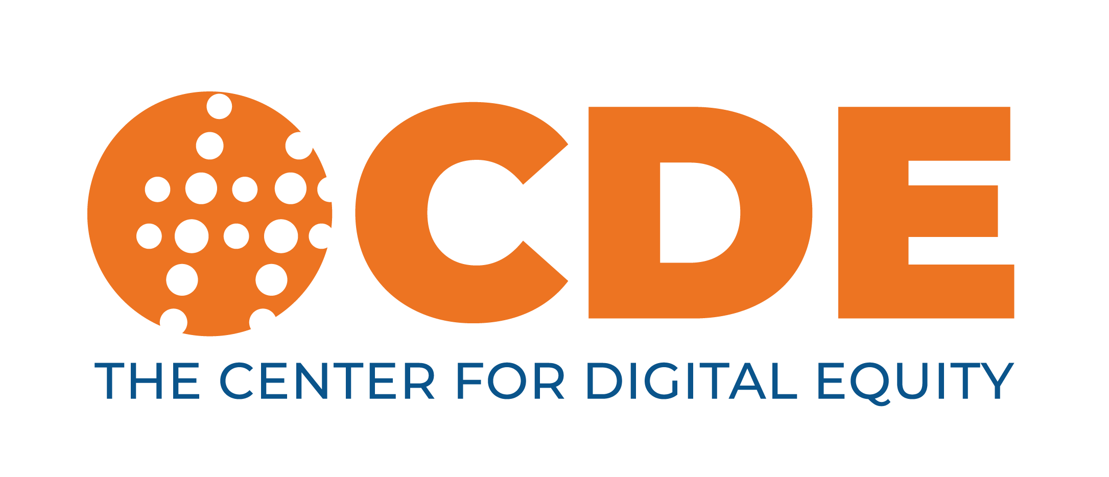 Logo: Orange Circle Icon Filled with Smaller White Circles - CDE in orange with Center for Digital Equity spelled out below in dark blue